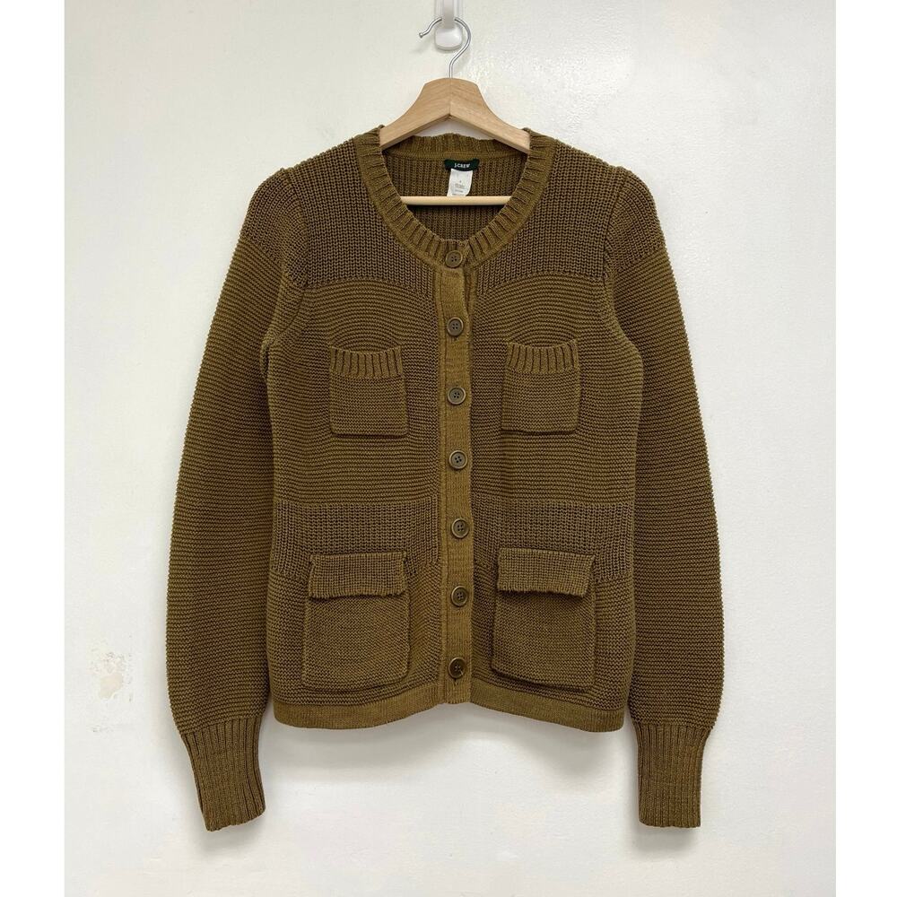 J. Crew Olive Chunky Knit Metallic Shimmer Patch Pocket Twee Cardigan - Small